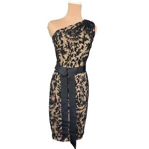 Cache Black Lace One Shoulder Cocktail Dress 2 Nude Lined